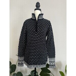 L.L.Bean Women’s Black Cotton Nordic 1/4 Zip Sweater M Fair Isle Knit